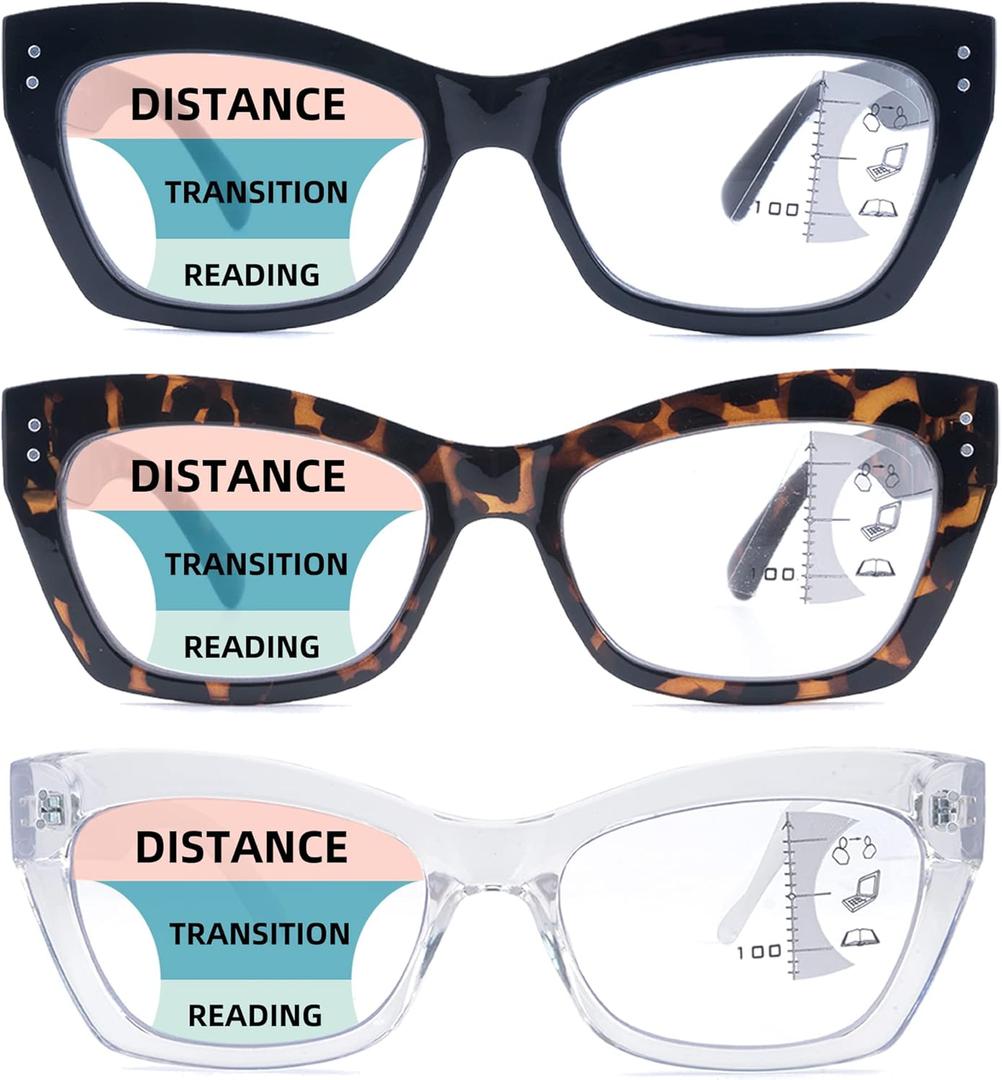 3 Pack Progressive Reading Glasses for Women Men Stylish Blue Light Blocking Computer Multifocal Readers (Black& Hawksbill Turtle &Clear)
