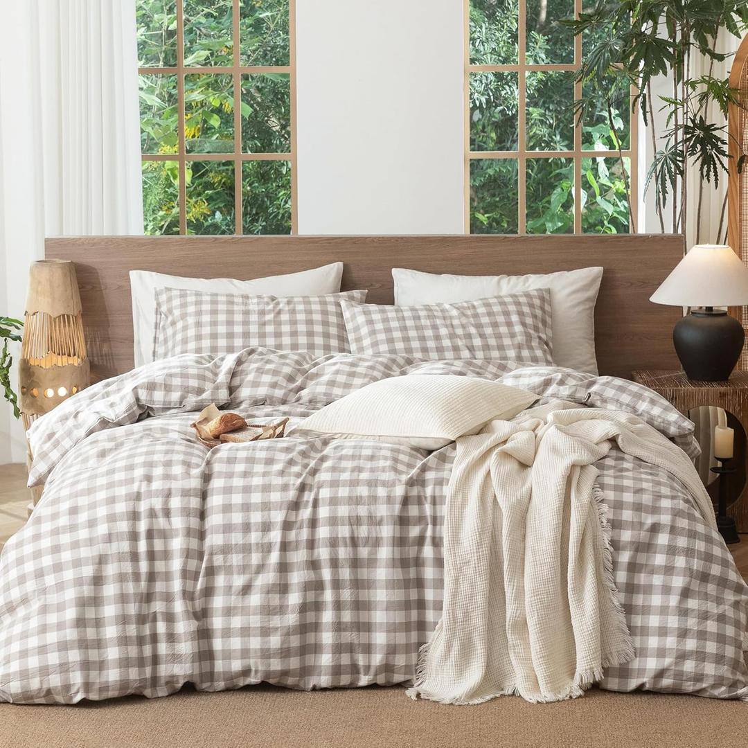 MooMee Gingham Duvet Cover Set 100% Washed Cotton Linen Like Textured Breathable Durable Soft Comfy Modern Checkered Design (Buffalo Plaid Tannish Linen Grey, Cal King 104"x98")