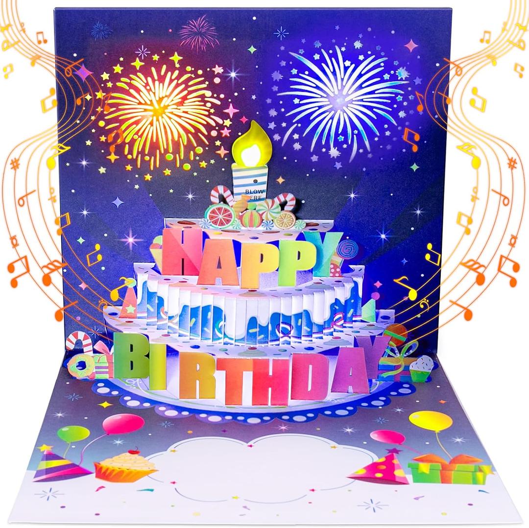 INPHER Birthday Cards Fireworks Pop Up Cake Blowable Light and Music Happy Birthday Card Gifts for Women Men Mom Kids (Blue)