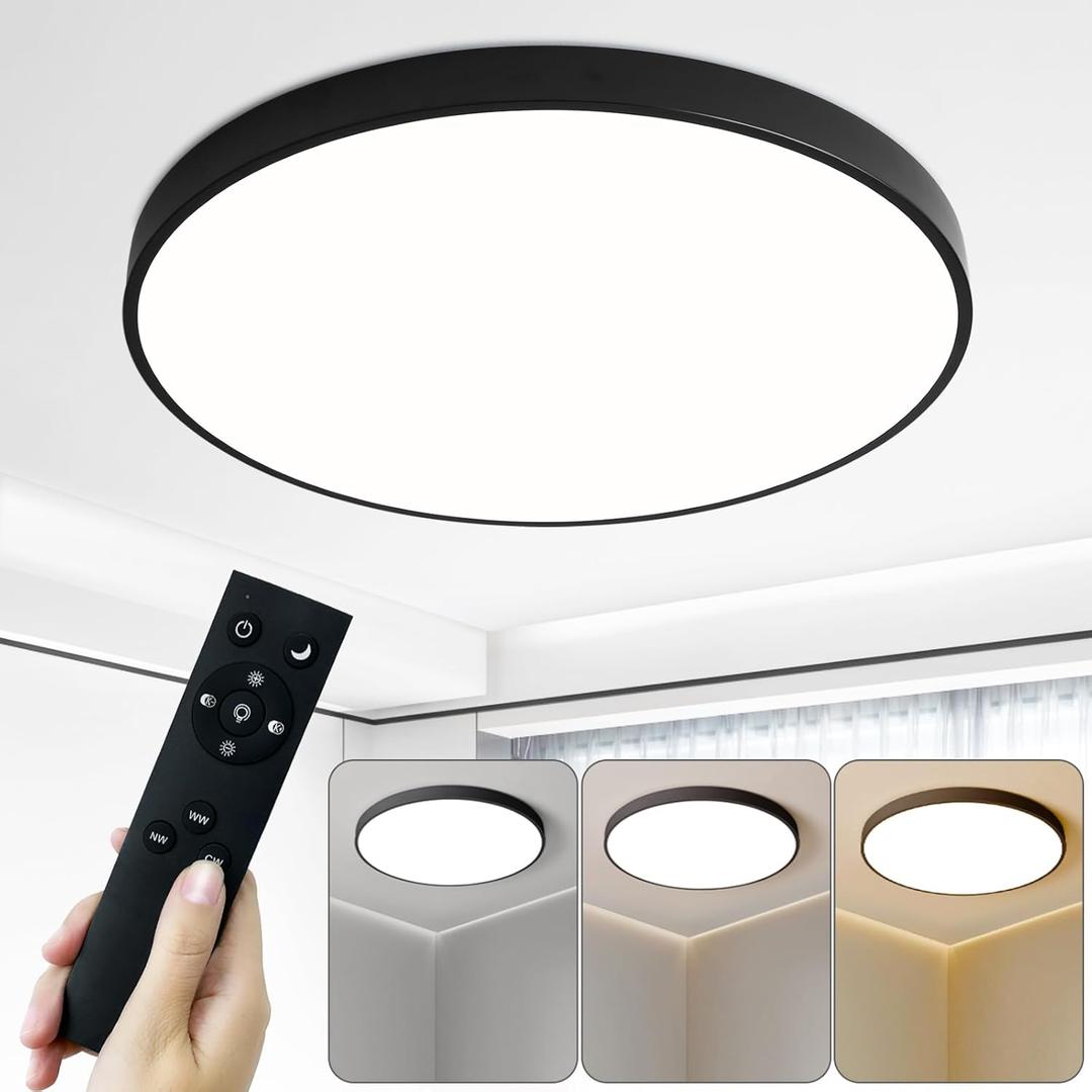 24 Inch LED Flush Mount Ceiling Light Large, 48W 2800lm Bedroom Lights for Ceiling, 3000-6500K Dimmable Close to Ceiling Lights with Remote, Modern Light Fixtures for Living Room (Black)
