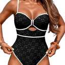 Womens One Piece Cutout Swimsuit, Sexy Tummy Control Bathing Suit, Color Block Monokini, 2025 Retro Swimwear (X-Large, Black)