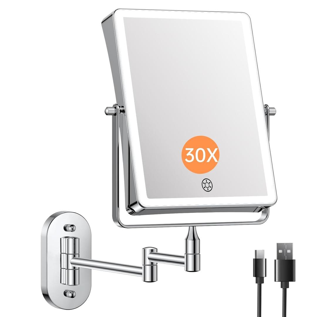 FASCINATE 5000mAh Rechargeable Wall Mounted Makeup Mirror, 8.7" Double Sided Touch Switch 1X/30X Rectangle Wall Mounted Magnifying Mirror with Light, 3 Color Setting, Extended Arm 360 Swivel Foldable