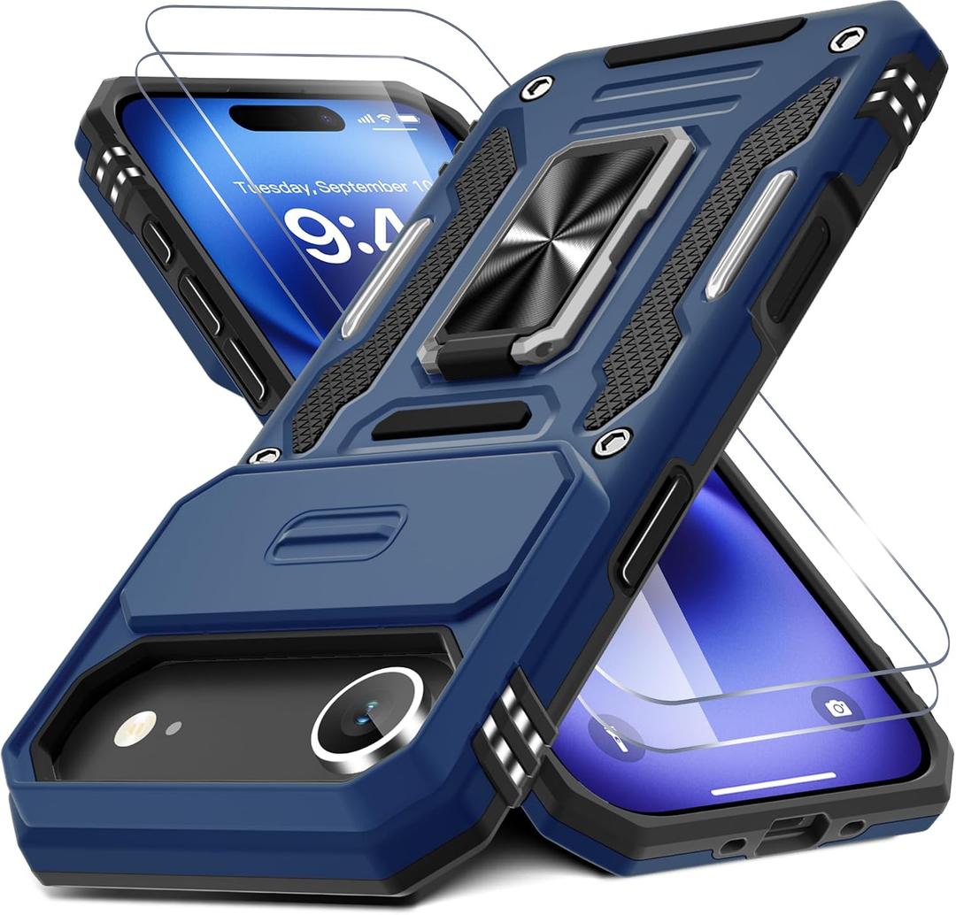 DEERLAMN Case for iPhone Air 6.5-Inch with Slide Camera Cover+Screen Protector(2 Packs), Rotated Ring Kickstand Military Grade Shockproof Protective Cover-Navy Blue