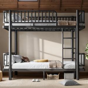 Bellemave Metal Queen Over Queen Bunk Bed for Adults/Kids,Heavy Duty Adults Bunk Beds with Rounded Guardrail & Anti-Noise Slats, Convertible Bunk Beds for Teens,Black