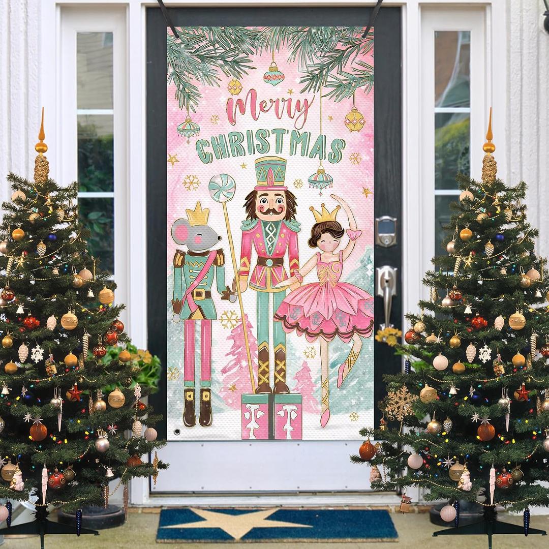 Deroro Merry Christmas Nutcracker Door Cover Decorations, Pink Xmas Tree Front Door Banner Background, Winter Holiday Party Indoor Outdoor Home Decor 3 x 6 FT