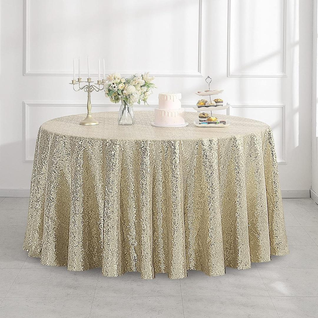 Pufogu 50" Round Champagne Gold Sequin Tablecloth Glitter Champagne Table Cloths for Birthday Wedding Bridal Baby Shower Party Decorations