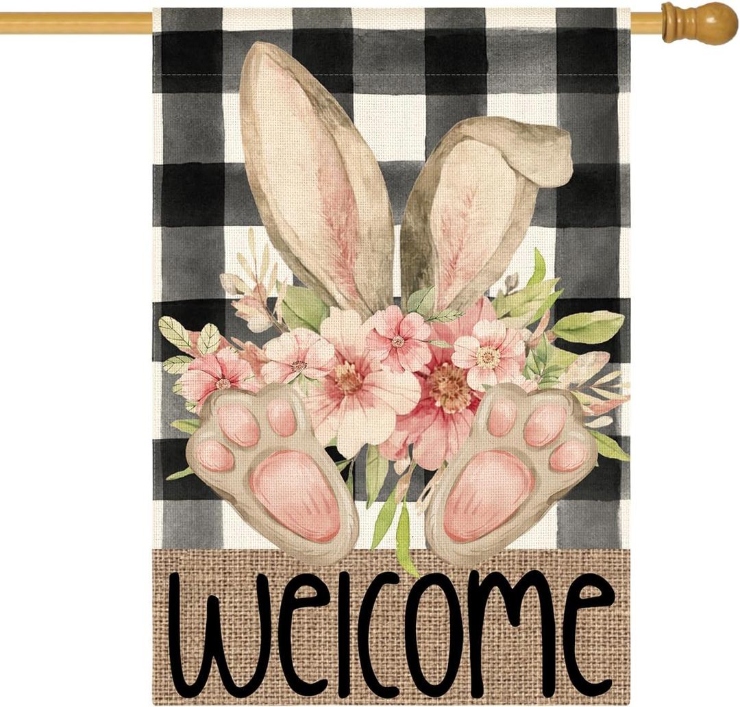 AVOIN colorlife Easter House Flag 28x40 Inch Double Sided Outside, Rabbit Ears Spring Welcome Yard Outdoor Decoration