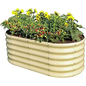 Land Guard 18“ Tall Outdoor Metal Raised Garden Bed, Oval Deep Root Planter Box for Vegetables, Flowers, Herbs, 89 Gallon Capacity - Cream Yellow 4×2×1.5ft 