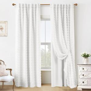 White Blackout Pleated Ruffle Curtains for Bedroom with Design,Room Darkening Pom Pom Textured Ruffled Farmhouse Boho French Country Decorative Curtains for Living Room 84 Inches Long