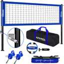 Outdoor Portable Volleyball Net Set with Adjustable Height Steel Poles, Volleyball, Anti-sag Winch System, Pump, Boundary Line, and Carry Bag for Backyard, Beach, Lawn, Blue