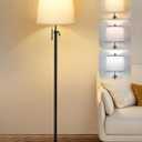 Black Floor Lamps for Living Room Adjustable Height Standing Lamp Modern Tall Pole Lamps for Bedroom Office with White Linen Shade 3 Color Temperature 9W LED Bulb Included
