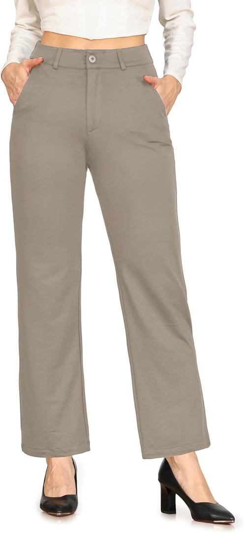 Bamans Womens Dress Pants Flare Leggings Work Office Pants Wide Leg Slacks High Waist Bootcut Business Trousers (Brown, L)