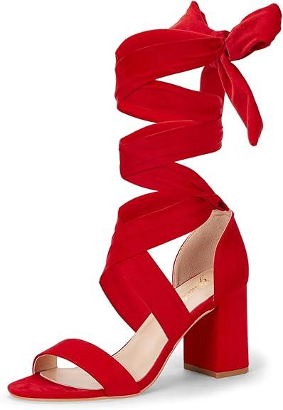 GENSHUO Women's Chunky High Heels Lace Up Strappy Block Sandals Open Toe Sexy Dress Heel Comfortable Prom Wedding Homecoming Party Graduation Shoes Red Size 8