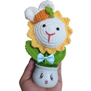 Handmade Crochet Bunny Sunflower Planter-Mini Desktop Floral Decor with Removable Bow & Emoji Stickers
