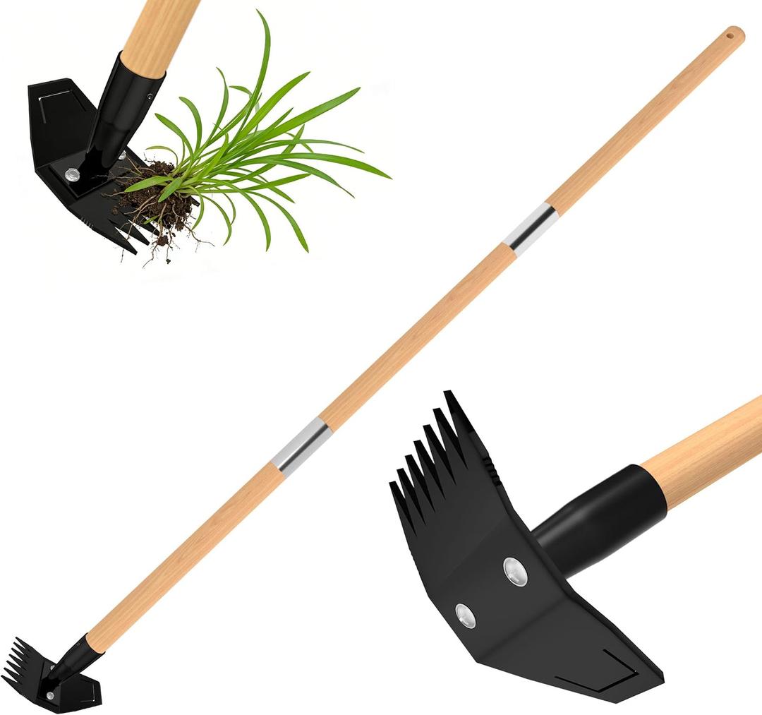 Garden Hoe with Long Bamboo Handle, 2 in 1 Weed Puller Tool&Manual Weed Remover, Weed Rake&Grabber, Gardenia Heavy Duty Uprooting Tool for Yard, Lawn and Garden, 49Inch