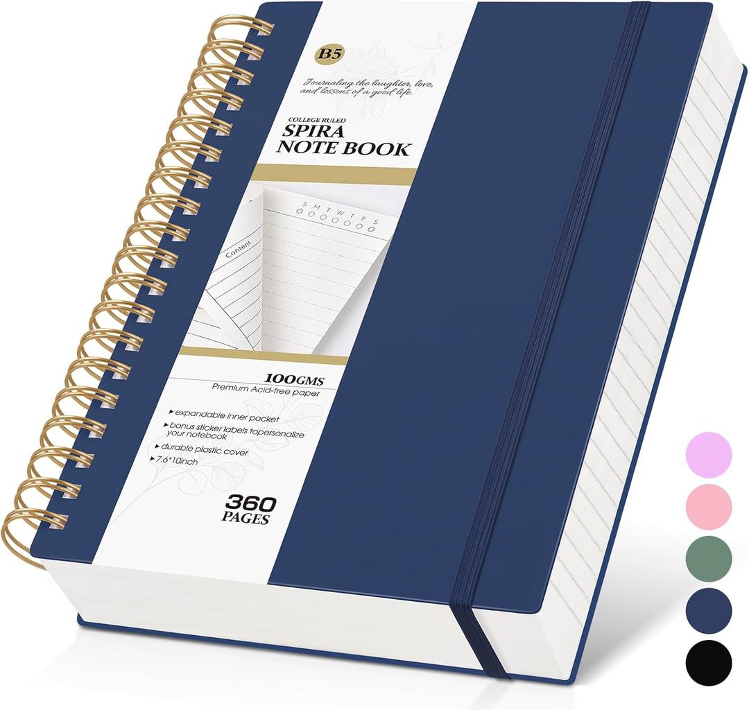 Spiral Notebook Journal, 360 Pages College Ruled Notebooks, Lined Thick Journals for Women Men,B5 Big Spiral Notebooks with 100GSM Paper, Spiral Bound Journal for Writing Work School Blue 7.6"10"