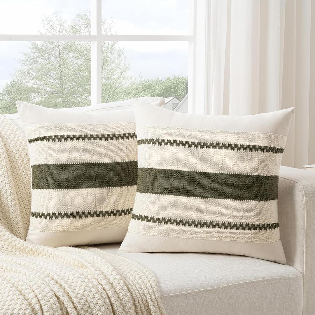 Fancy Homi Set of 2 Boho Olive Green Decorative Throw Pillow Cover 22x22 Inch for Couch Bed Sofa, Aesthetic Modern Organic Farmhouse Home Decor, Soft Cotton Cute Accent Macrame Woven Cushion Case (22" x 22" (Pack of 2))