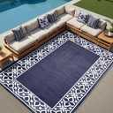 PureCozy Outdoor Plastic Straw Rug Navy Blue Large Outside Waterproof Outdoor Patio 9x12 Carpet Geometric Reversible Mat Modern for Camping RV Porch Deck Balcony Beach
