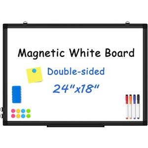 Double-Sided White Board Black Aluminium Frame, 24" x 18" Dry Erase Board Magnetic Whiteboard for Wall, Hanging Mounted Whiteboard Home, School, Office, Kitchen