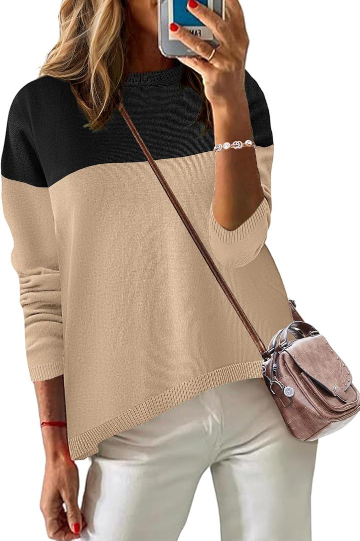 Zeagoo Sweaters for Women Fall Outfits Trendy 2025 Long Sleeve Shirts Bussiness Casual Knit Pullover Sweater Tops (2XL, Color Block 4 Black)