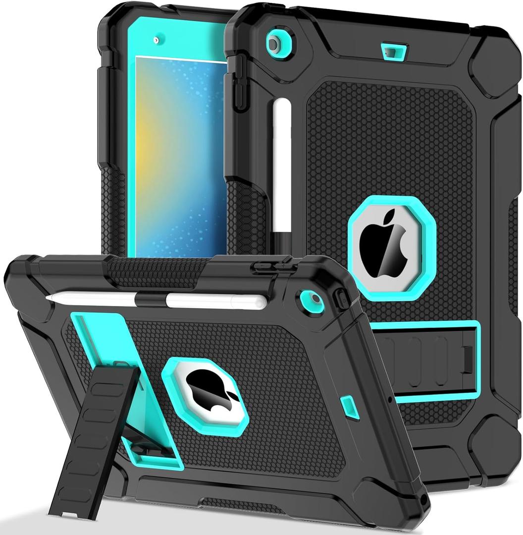 LTROP Case for iPad 9th/ 8th/ 7th Generation (2021/2020/2019) 10.2 Inch with Pencil Holder & Kickstand, Shockproof Protective Cover Case for iPad 9 8 7 Gen, Black/Turquoise
