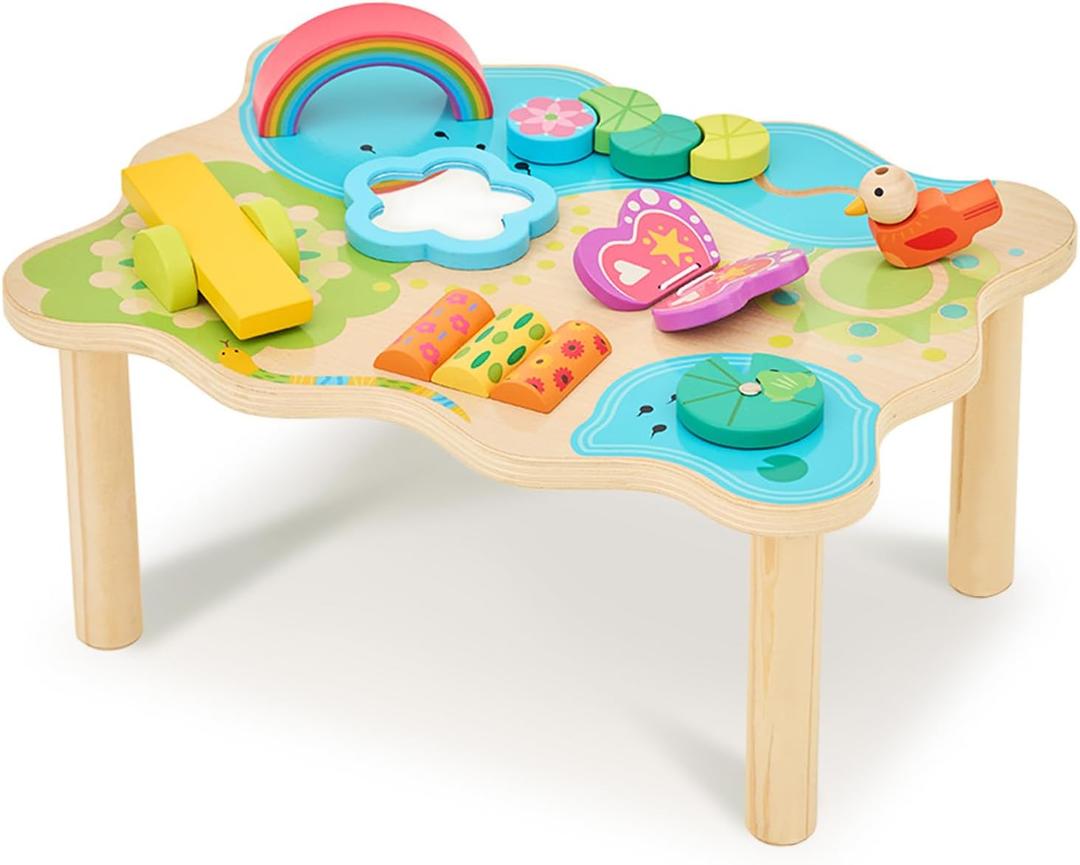 Monlurd Montessori Wooden Activity Center & Play Table for Baby to Toddlers, Activity Table with Motor Skill Development, Daycare Essentials for Early Learning