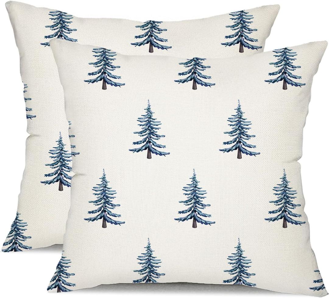 DFXSZ Christmas Pillow Covers 18x18 inch Set of 2 Winter Blue Christmas Tree Decorative White Throw Pillow Covers Winter Famliy Decoration for Home Couch TH-30M18