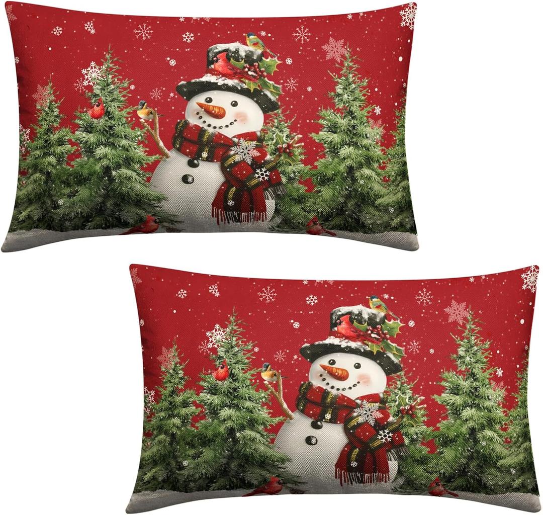 Wnoesat Winter Snowman Pillow Covers 12x20 Set of 2 Red Winter Lumbar Throw Pillow Covers Xmas Snowman Cardinal Snowy Pine Tree Pillow Case Winter Outdoor Pillowcases for Living Room Couch Sofa