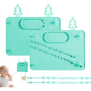 Baby Silicone Mat, 2 Pack Improved Suction Cups and 4 Stretchable Straps Silicone Baby Placemats for Toddlers, Keeps Babies Essentials Off The Floor, Green