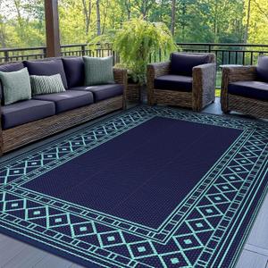 GENIMO Outdoor Rug Waterproof 5'x8' for Patio, Foldable Reversible Plastic Straw Carpet for Travel Trailers, Outside Area Mat for Rv, Deck, Picnic, Porch, Balcony, Beach, Navy Blue & Jade Green GENIMO Outdoor Rug Waterproof 5'x8' for Patio, Foldable Reversible Plastic Straw Carpet for Travel Trailers, Outside Area Mat for Rv, Deck, Picnic, Porch, Balcony, Beach, Navy Blue & Jade Green