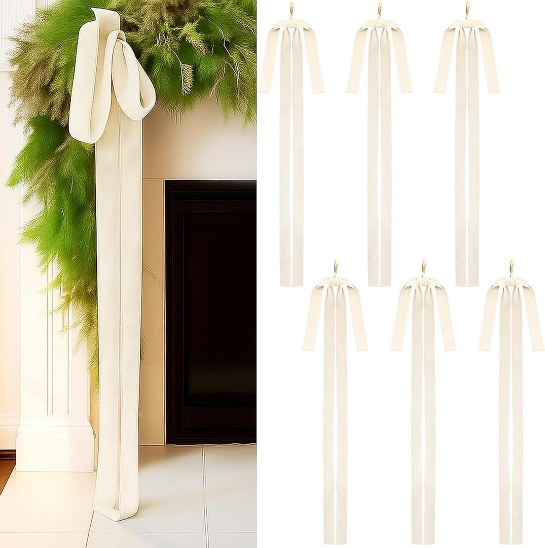 Janinka 6 Pcs Beige Velvet Christmas Swag Bow 31.5 x 23.6 inch Large Neutral Cream Christmas Ornament Vintage Rustic Velvet Staircase Wreath Bows Xmas Tree Topper Bows Large Bow for Outdoor