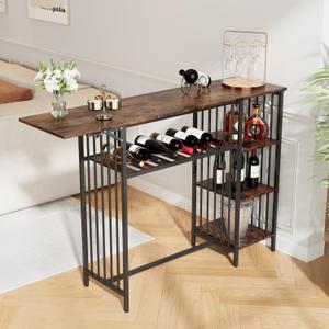 VOWNER 59 Inch Expandable Bar Table, Counter Height Bar Table with Wine Rack & 3 Tier Adjustable Storage Shelves, Industrial Kitchen Dining Tables with Sturdy Legs, Only Table, Brown