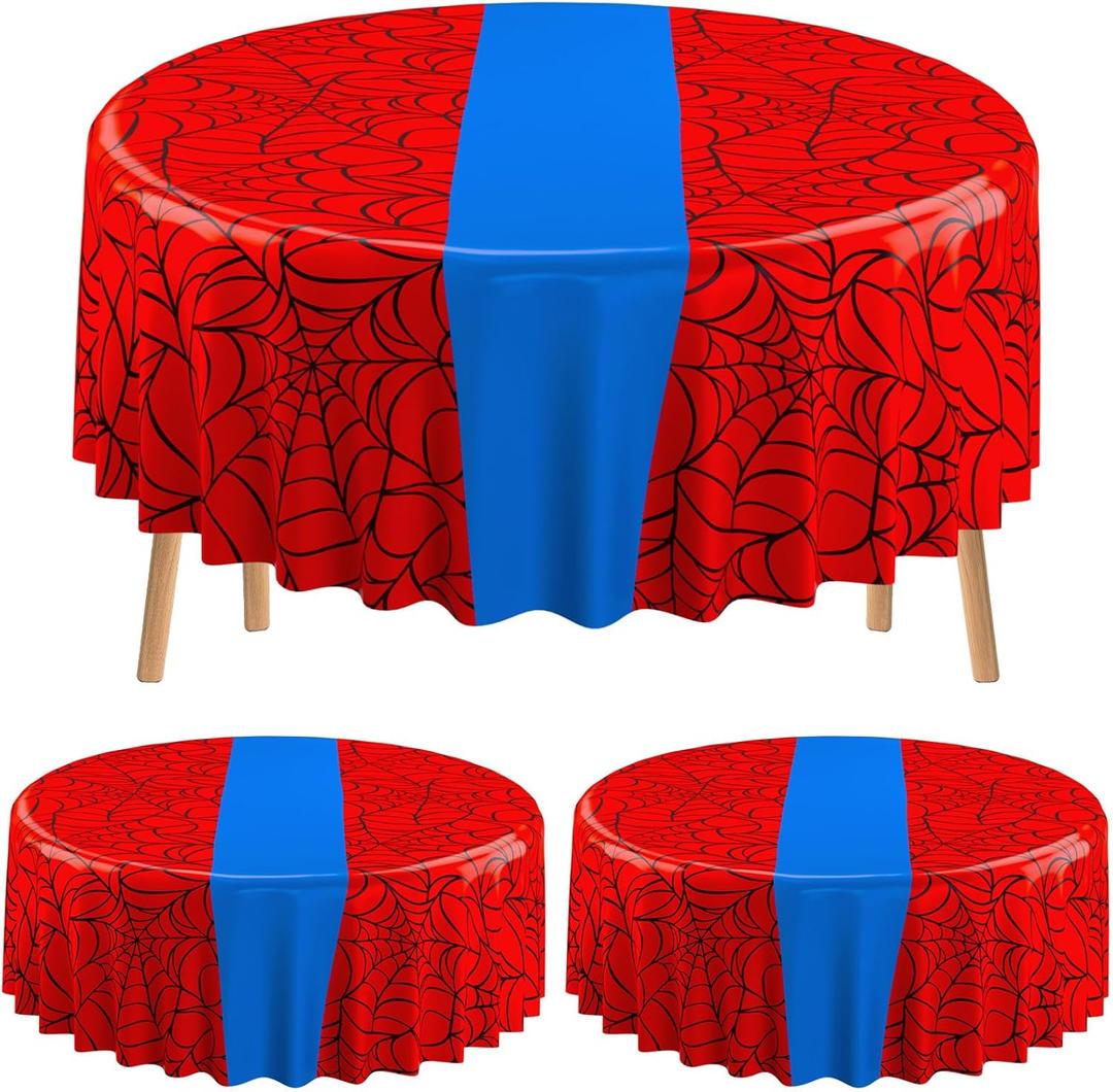 Preboun 3 Pcs Spider Birthday Party Tablecloth 84 Inch Plastic Disposable Table Cover Large Red and Blue Round Tablecloth for Birthday Party Decorations Supplies (Classic), 83.86"L x 83.86"W
