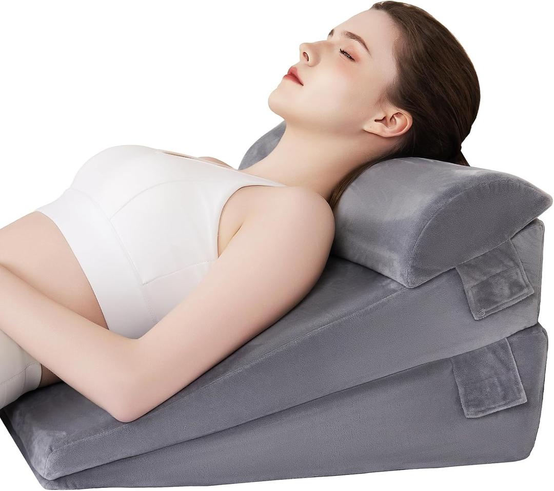 Wedge Pillow Set for After Surgery Adjustable 3 Pieces Bed Wedge Pillow for Sleeping -Sleep Apnea, Acid Reflux, Snoring, Neck Pain,Back Pain and Legs Pain Relief for Adults (Grey, 3 Set)