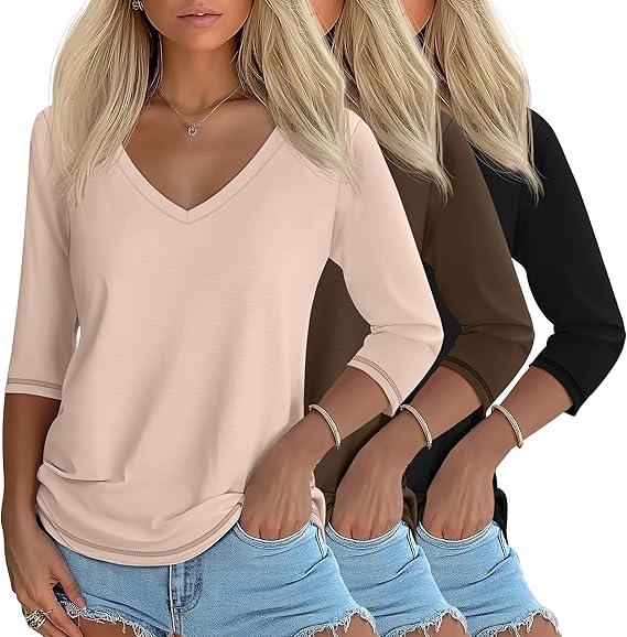 Ficerd 3 Pack Women's 3/4 Length Sleeve T Shirts, V Neck Tops Loose Fit Blouses Casual Tees 2026 Fashion Clothes, Size L, Two blacks T-shirts And One Tan T-shirt