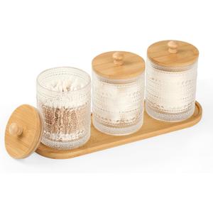 3 Pack Qtip Holder - Bathroom Organizers and Storage, Cotton Round Pad Holder Floss Pick Cotton Ball Holder with Tray, Glass Apothecary Jars with Lids, -clear y D