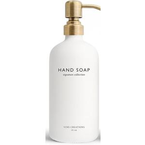 Vine Creations White Glass Soap Dispenser Set, Dish Soap and Hand Soap Dispenser Set with Stainless Steel Pump, 16 oz Glass Dispensers for Kitchen or Bathroom Decor (Matte White Bottle/Brushed Brass)