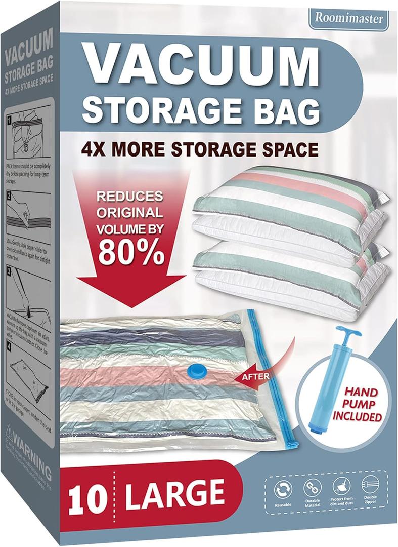 Roomimaster Vacuum Storage Bags, Vacuum Seal Space Saver Bags for Clothing, Travel Lugggage, Carryon, Blankets, Pillow, Comforters, Bedding, 10 Jumbo