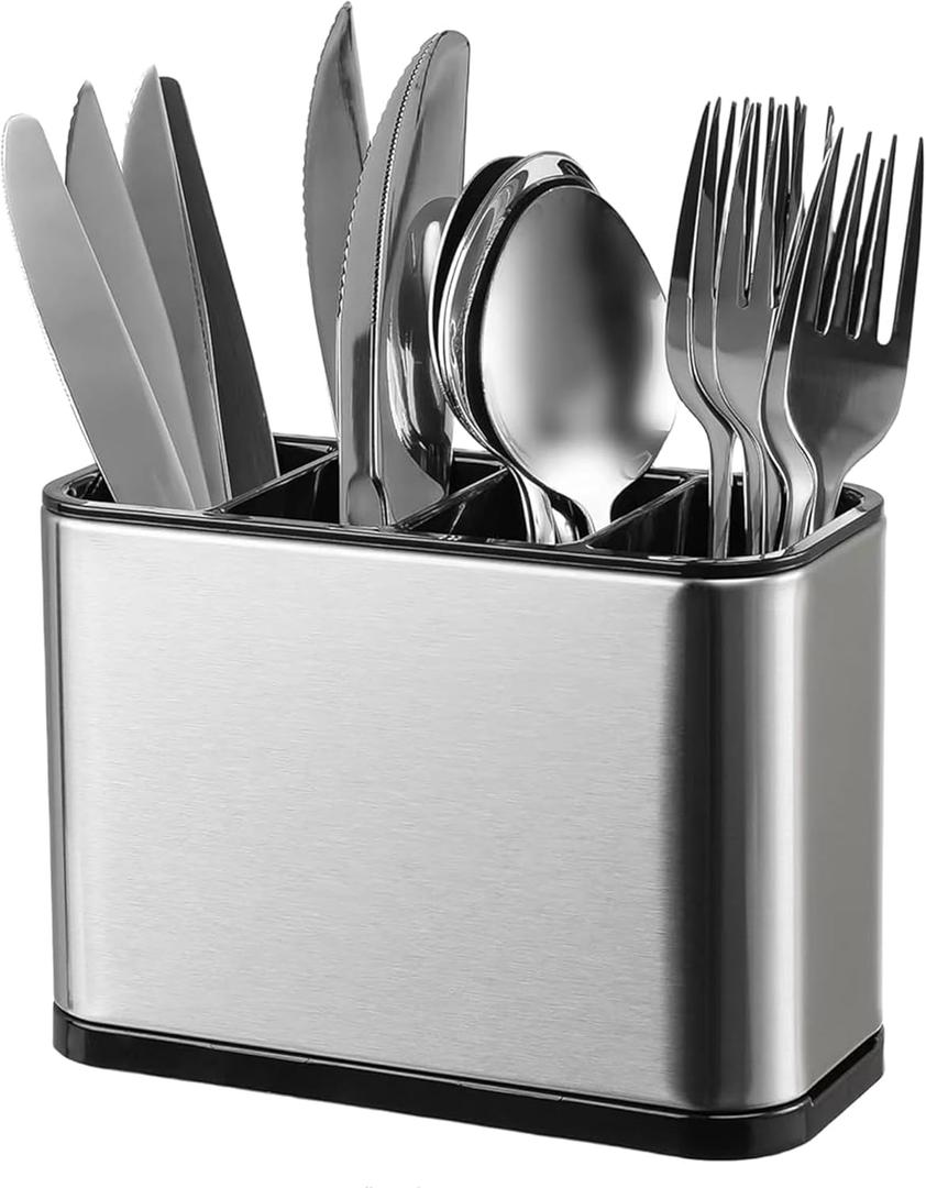 KESOL Kitchen Utensil Holder, Stainless Steel Utensil Drying Rack Flatware Holder Sinkware Caddy Countertop Organizer with 4 Divided Compartments, Rust Proof (Silver)