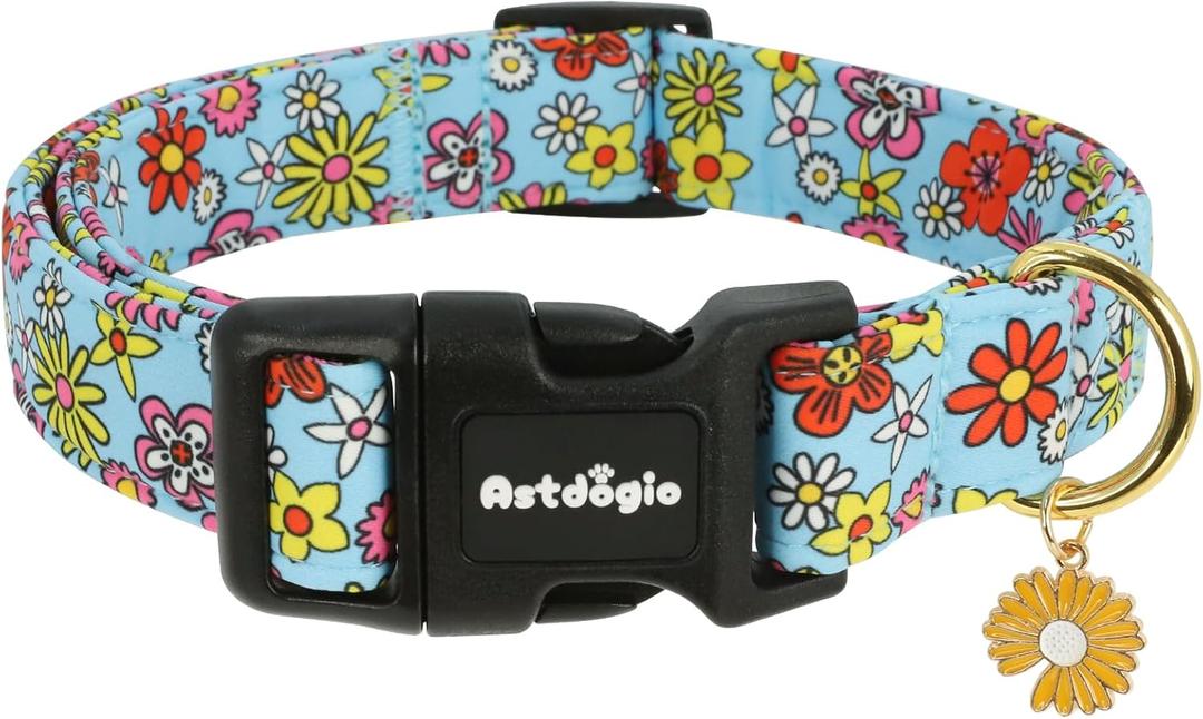 Dog Collar for Large Dogs, Spring &Summer Theme Dog Collars with Colorful Flower Pattern, Adjustable Blue Small Dog Collars, Cute Girl or Boy Dog Collar Ideal for Gifts,Pet Accessory (Garden on Blue)