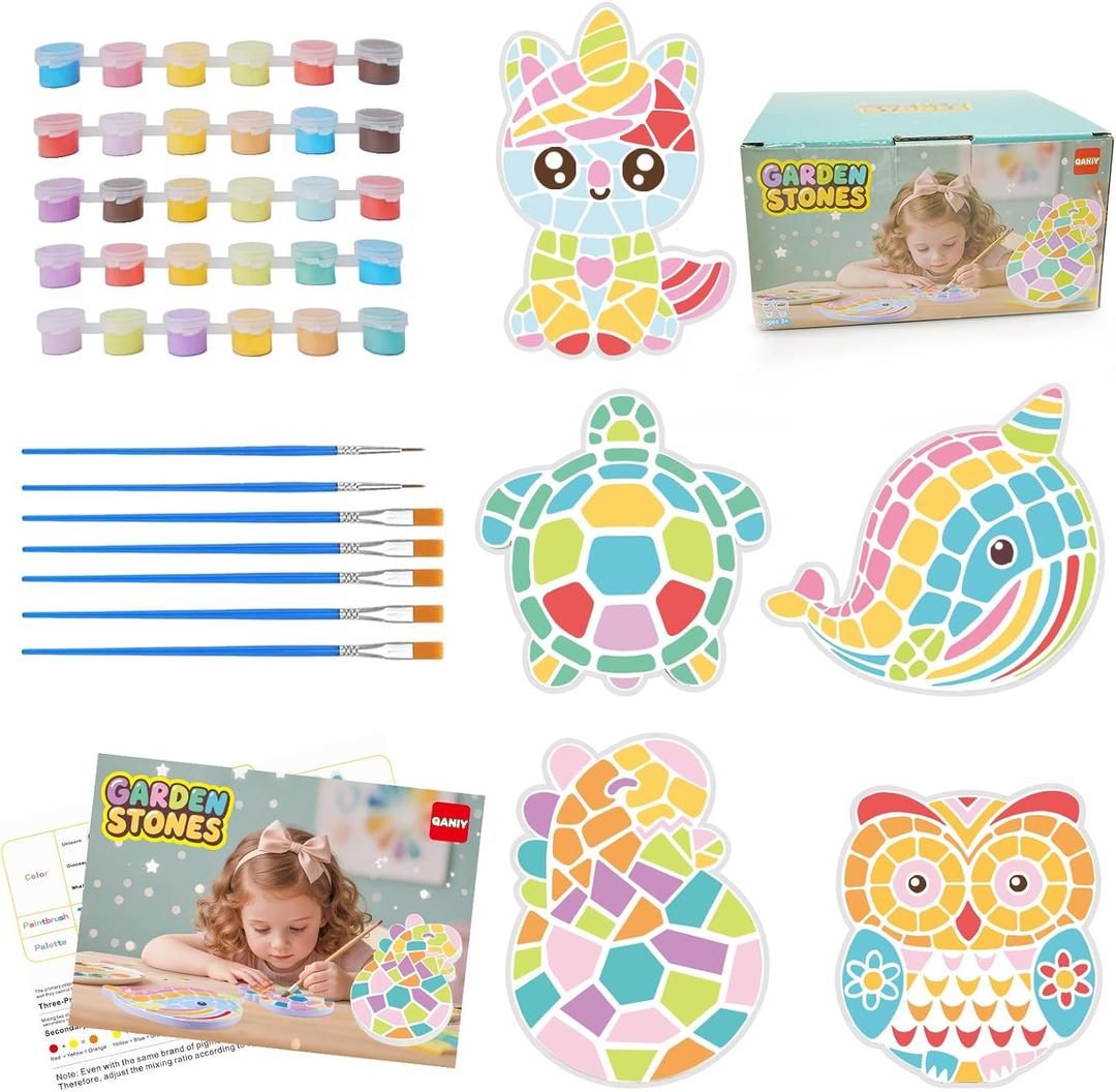 QANIY Stepping Stones Painting Kit for Kids, 5 Pack Outdoor Garden Stone Crafts, Kids Craft Paint Kits for Boys Girls Birthday Party Gift Toy Ages 3+