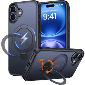 360 Rotatable Magnetic Stand for iPhone 16 Case Compatible with Magnetic 16FT Military Drop Protection, Anti-Scratch/Fingerprint Shockproof iPhone 16 Phone Case(Matte-Black)