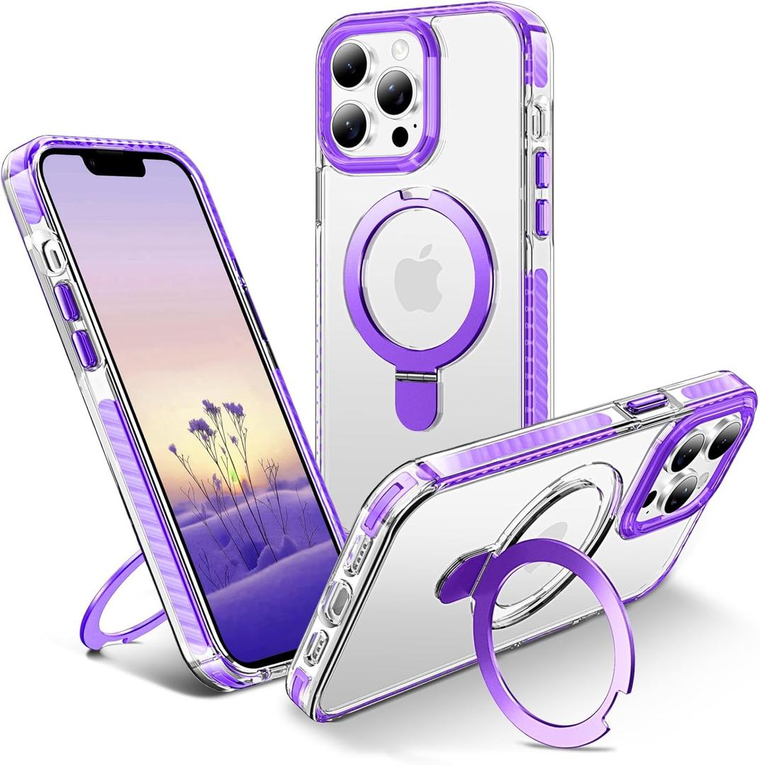 UMIONE for iPhone 14 Pro Magnetic case with Stand and Finger Ring, Compatible with magsafe, Shockproof Transparent Hard Plate, Full Body case, Universal for Boys and Girls 6.1 - Purple