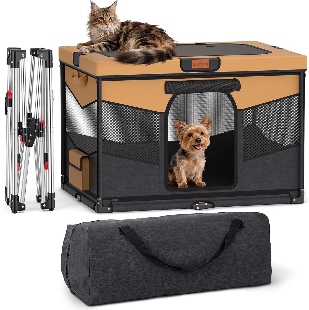 LOOBANI Foldable Dog Playpen for Small Dogs- Indoor/Outdoor Puppy Playpen with Removable Washable Fabric Enclosure, Sturdy Steel Frame & 690D Oxford Cloth,Portable Crate for Puppies & Cats,32"x24"x22" (Black-Brown)