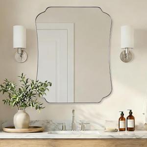 ANDY STAR 24"x30" Brushed Nickel Mirror, Scalloped Bathroom Wall Mirror with Metal Frame for Vanity, Vintage Notched Edges Design Ideal for Entryway, Living Room & Bedroom Decor