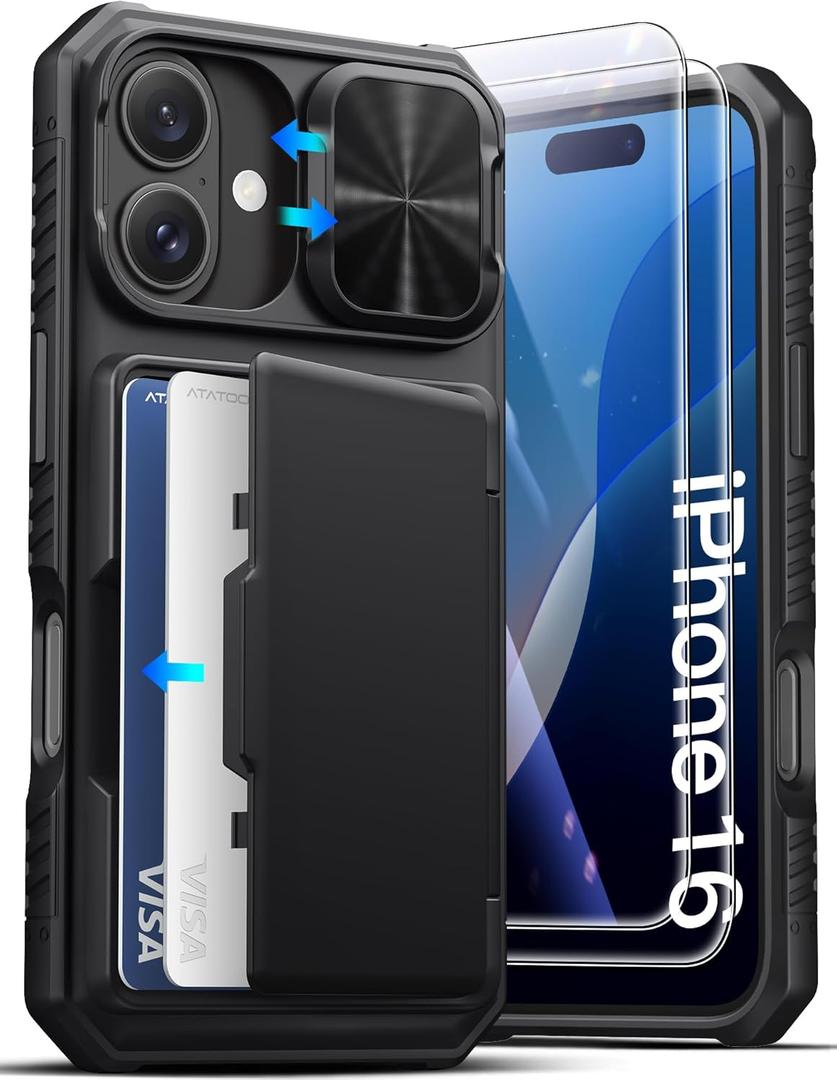 ATATOO for iPhone 16 Case Wallet with HD Tempered Glass Screen Protector [2 Pack], Build-in Card Holder, Slide Camera Cover, Military Grade Protection, Hard Case for iPhone 16 6.1", Black