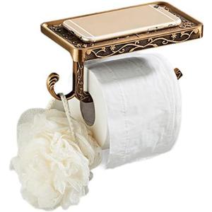 Vintage Paper Towel Holder with Cellphone Shelf for Bathroom, Wall Mount Anti-Rust Aluminum Paper Towel Rack (Brass)