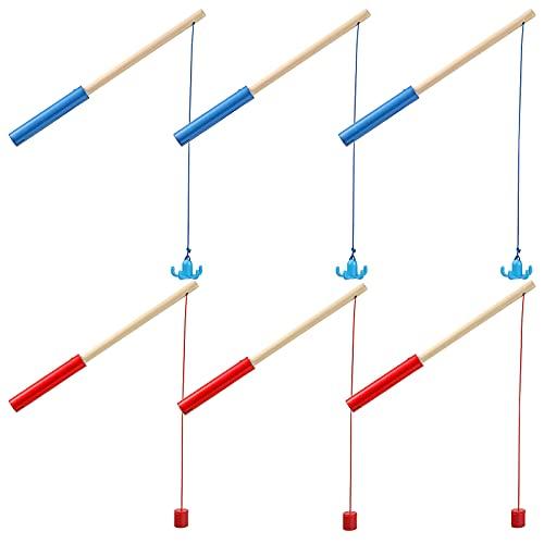 Sumind 6 Pcs Magnetic Fishing Pole Wooden Magnetic Fishing Rods with Magnet Hooks Christmas Game Toy Gifts for Birthday Party(Red, Blue,Column, Hook)