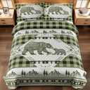 3 Piece Cabin Full/Queen Quilt Sets Farmhouse Rustic Reversible Microfiber Soft Lightweight Bedspread Comforter with 2 Shams Patchwork Country Lodge Bedding Quilts Set for All Season, 90''x96'', Green