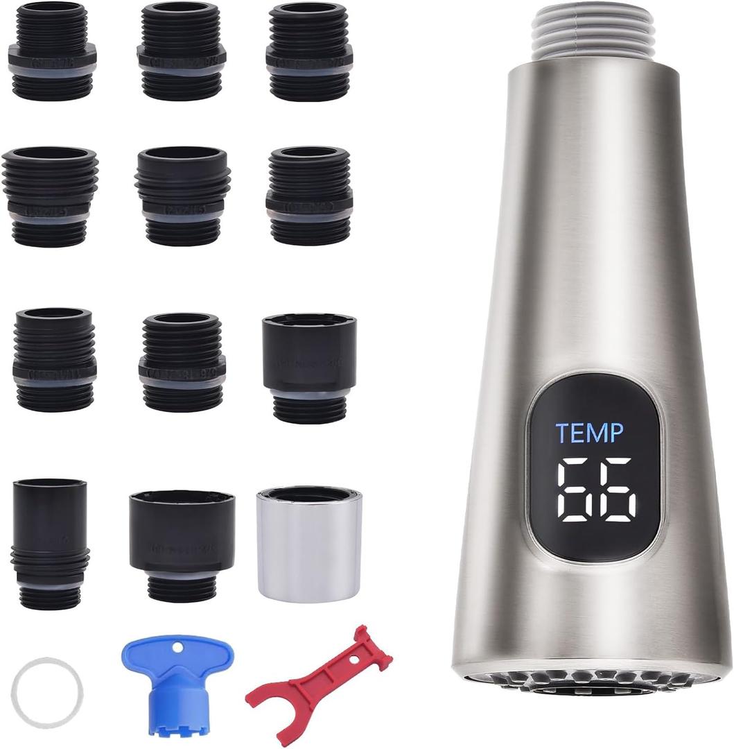 HOMELODY Pull Down Kitchen Faucet Head Replacement, LED Temperature Display Sink Spray Nozzle with 12 Adapters, Kitchen Sink Faucet Head Brushed Nickel